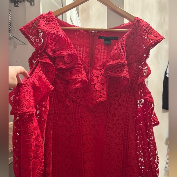 French Connection Lace Red Balloon Sleeve V-Neck Dress - Picture 4 of 13
